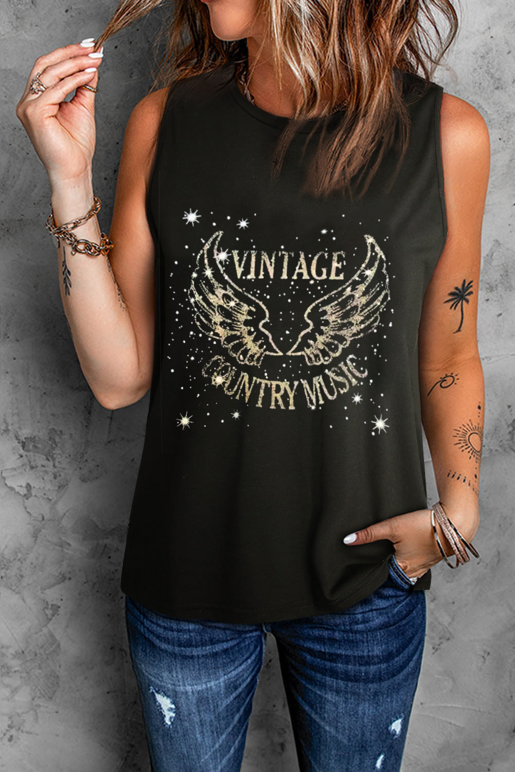 Black Vintage Country Music Wing Glitter Print Tank Top Tank Tops JT's Designer Fashion