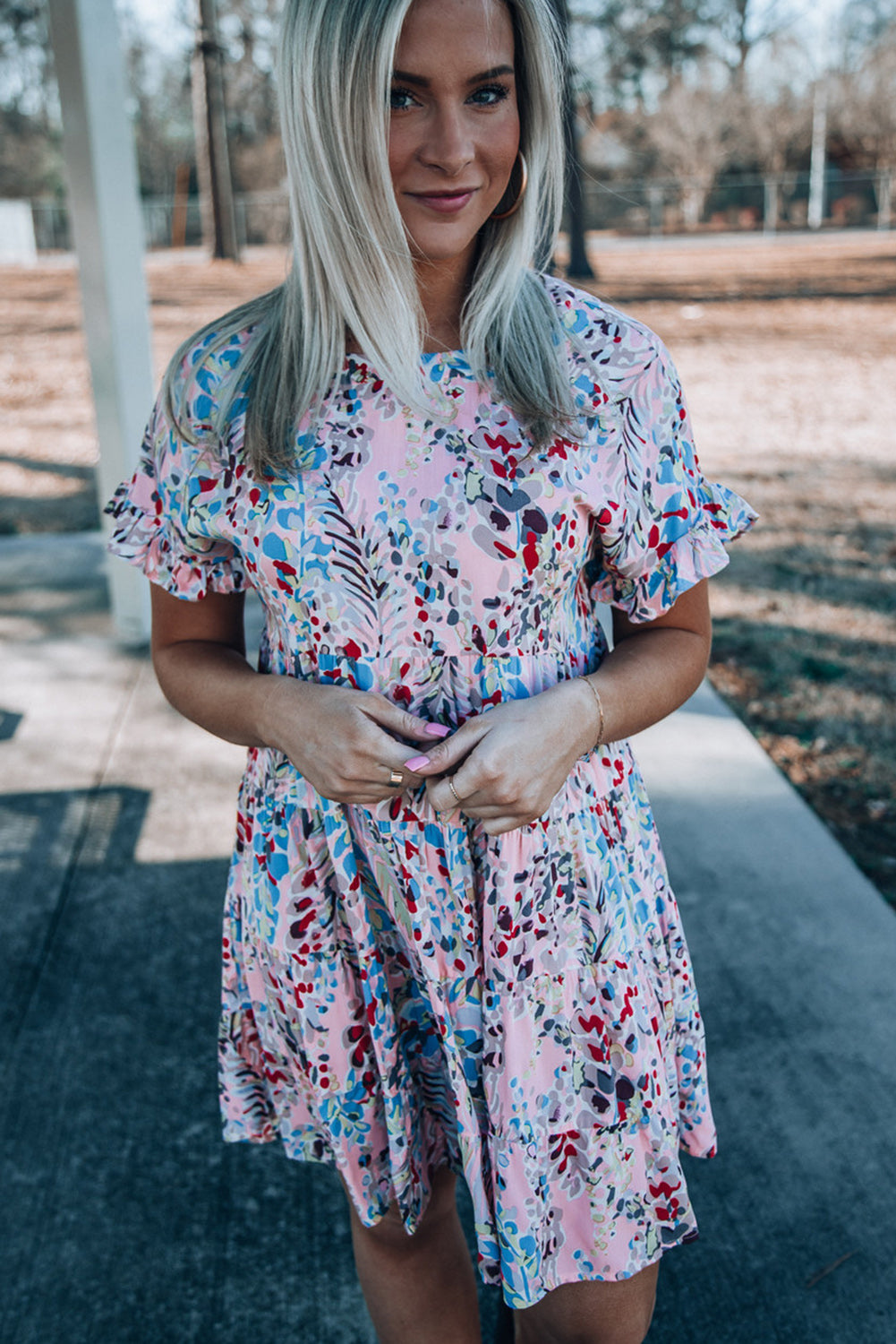 Pink Short Sleeves Floral Print Tiered Ruffled Dress Floral Dresses JT's Designer Fashion