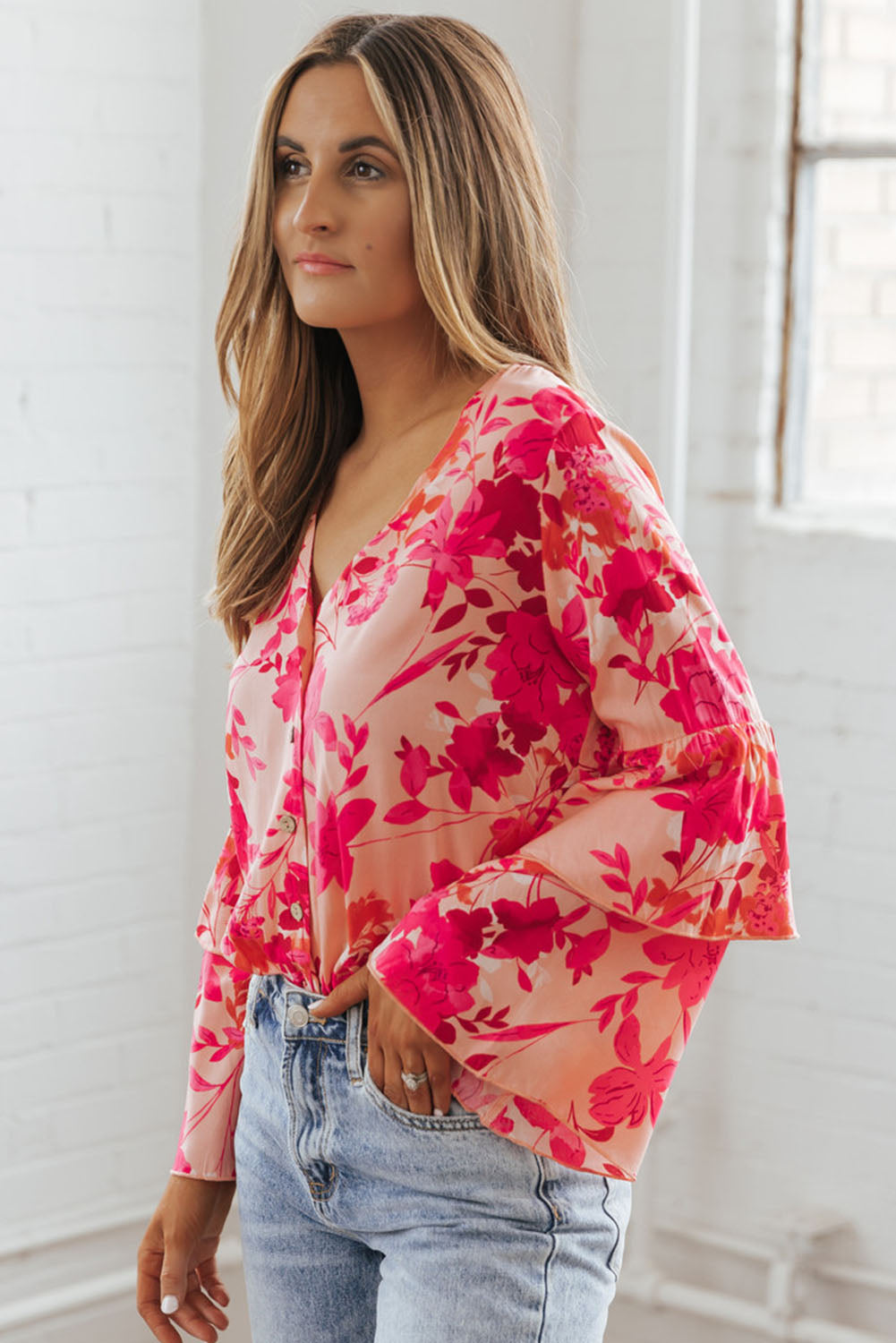 Pink Floral Double Bell Long Sleeve Buttoned Bodysuit Tops & Tees JT's Designer Fashion