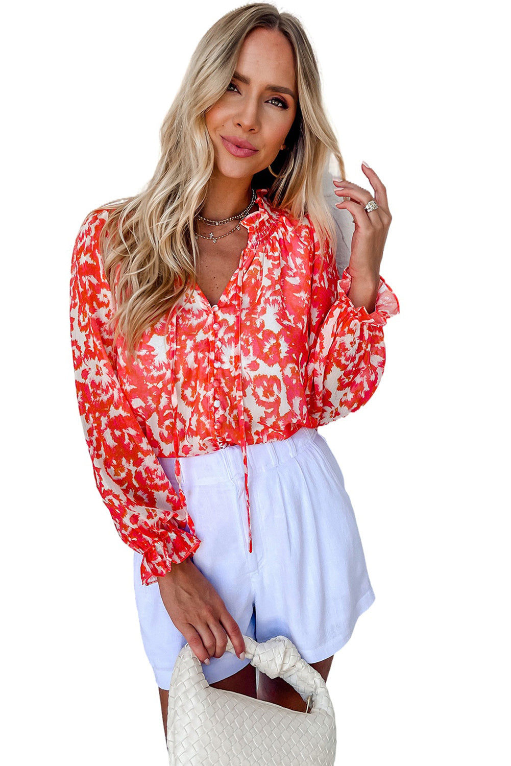 Red Button Front Tie V Neck Floral Long Sleeve Blouse Tops & Tees JT's Designer Fashion