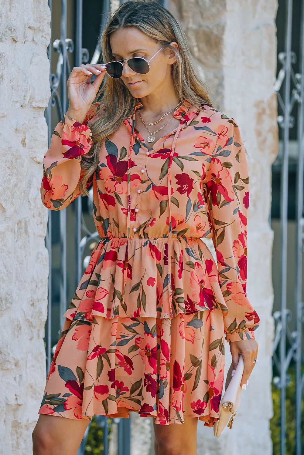 Fiery Red Frilled Collar Long Sleeve Floral Dress with Ruffle Floral Dresses JT's Designer Fashion