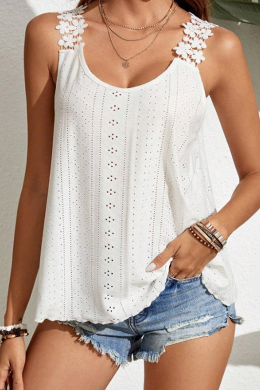 White Solid Color Eyelets Floral Straps Tank Top White 95%Polyester+5%Elastane Tank Tops JT's Designer Fashion