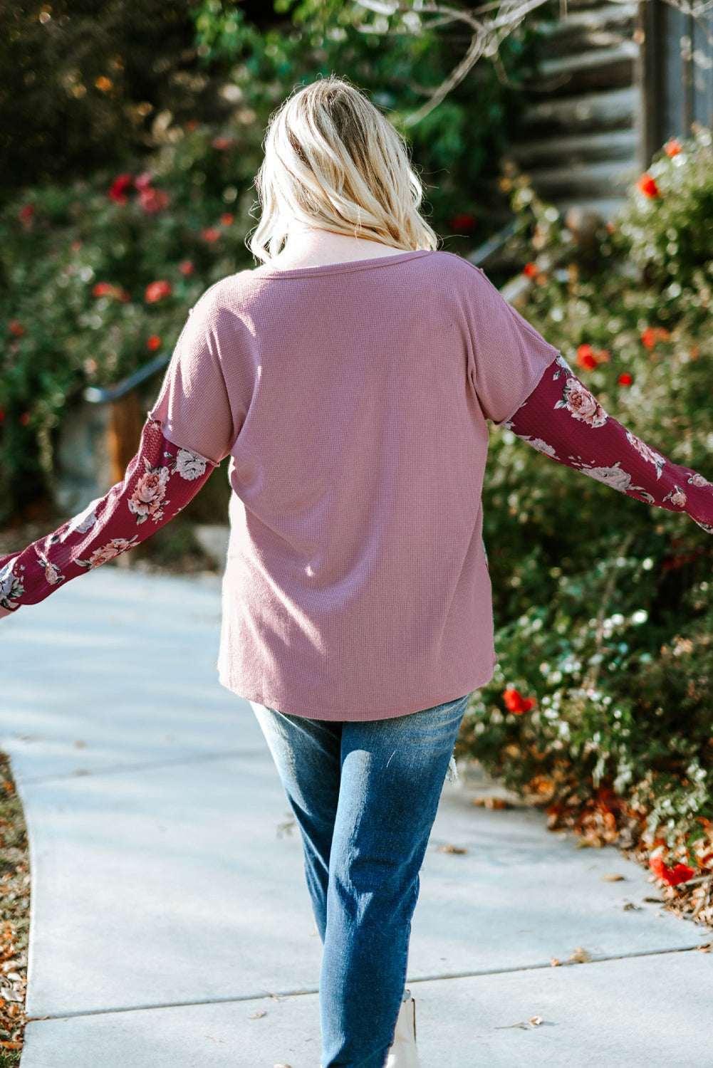 Purple Plus Size Floral Patch Long Sleeve Seamed Henley Top Plus Size JT's Designer Fashion