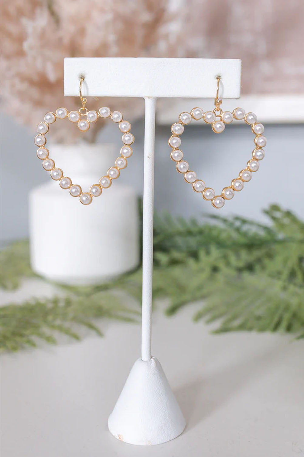 Gold Valentine Pearl Heart Shaped Drop Earrings Jewelry JT's Designer Fashion