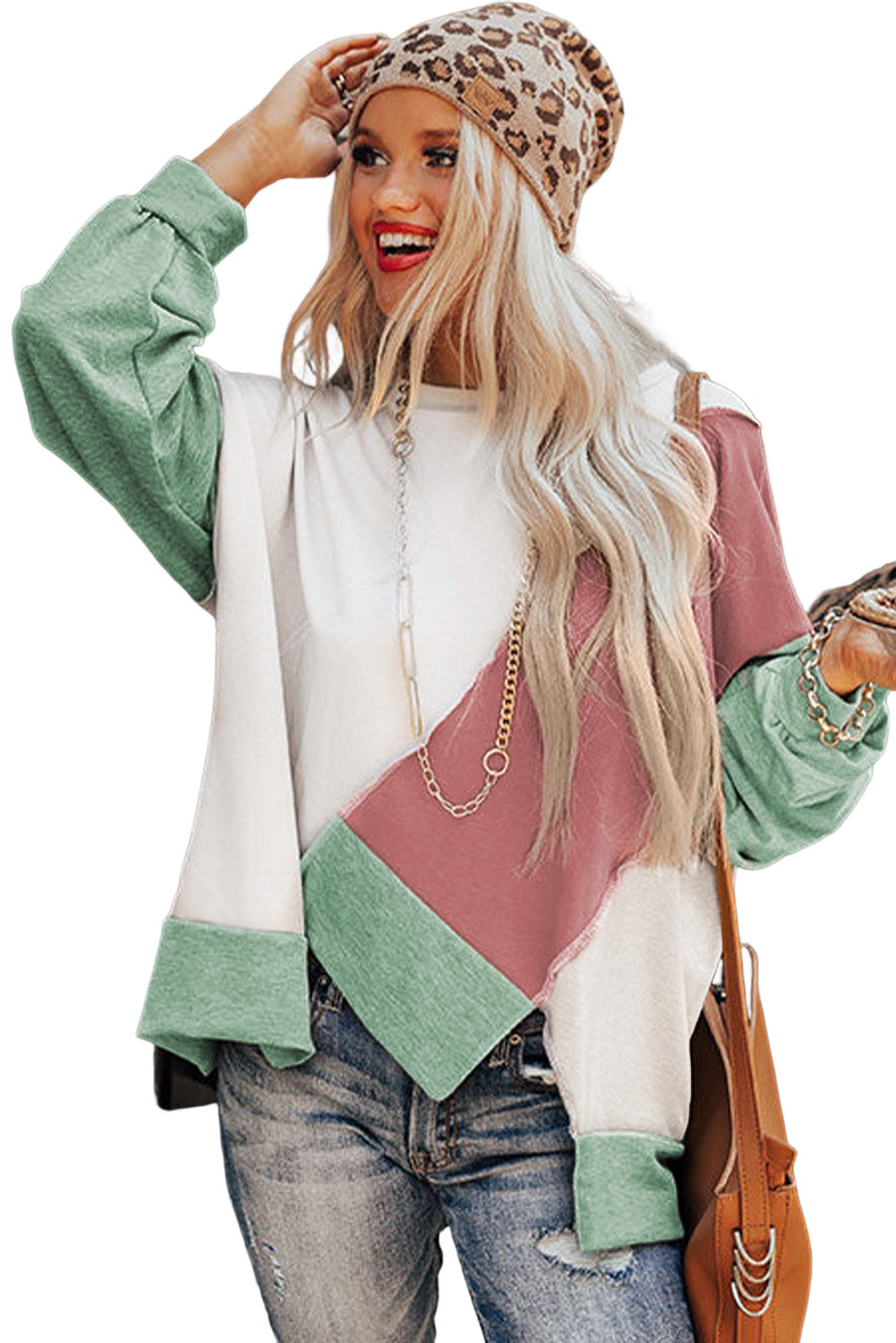 Rose Pink Khaki Colorblock Stitching Irregular Hem Long Sleeve Top Tops & Tees JT's Designer Fashion