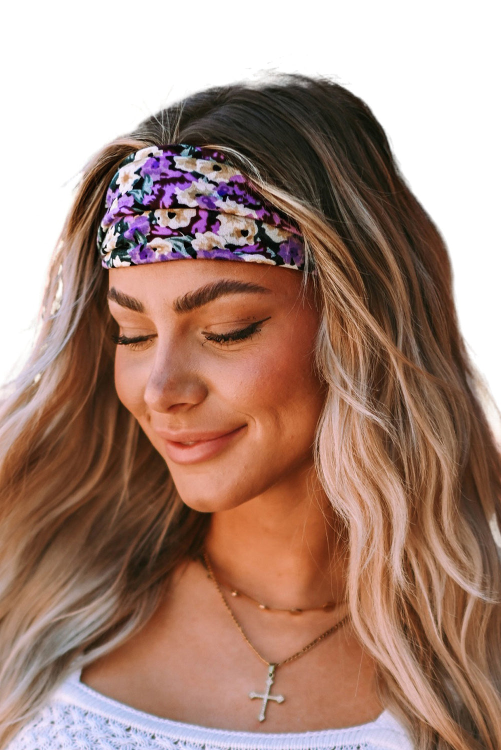 Purple Floral Print Elastic Wide Band Knotted Headband Headwear JT's Designer Fashion