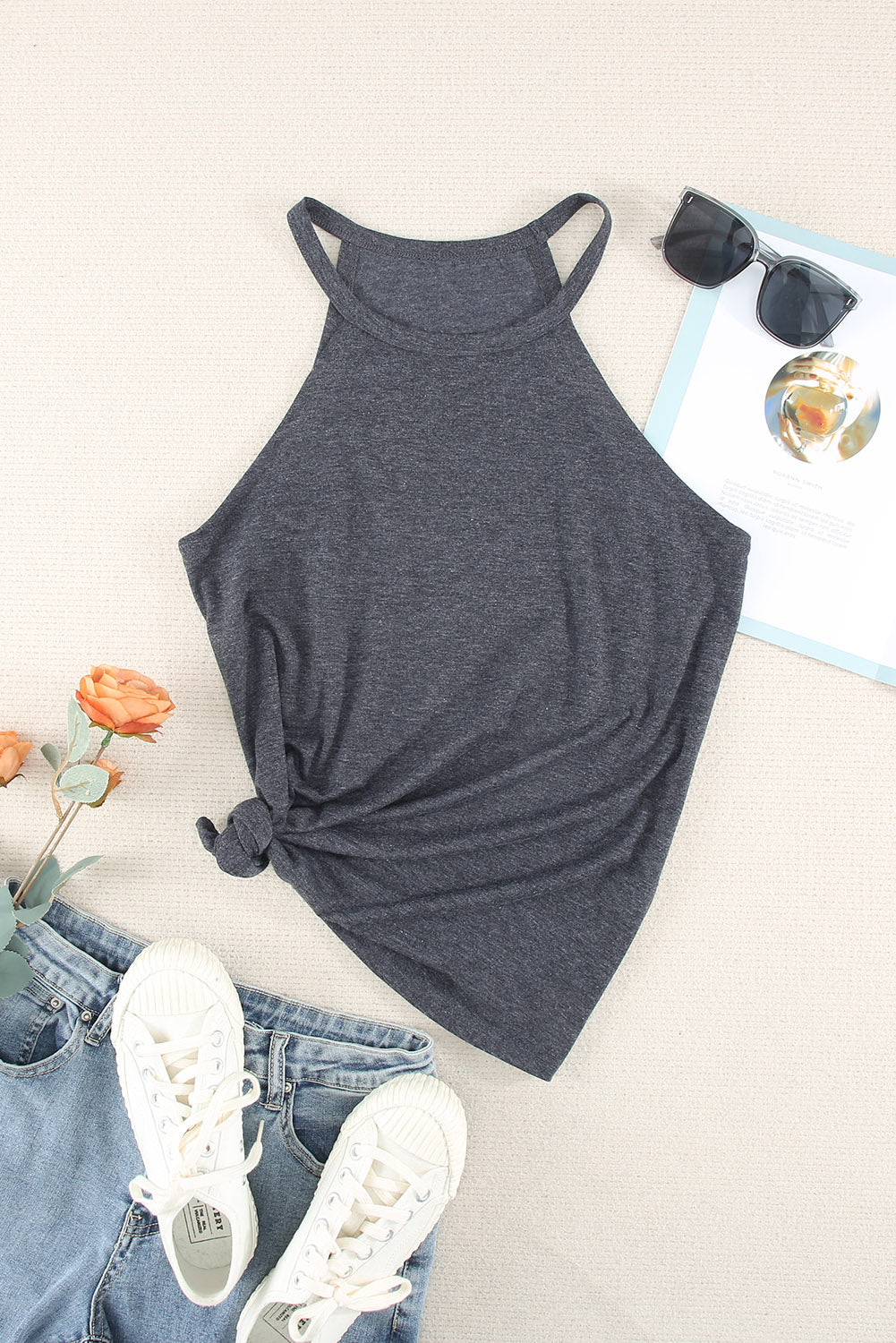 Grey Solid Color Crew Neck Tank Top Tank Tops JT's Designer Fashion