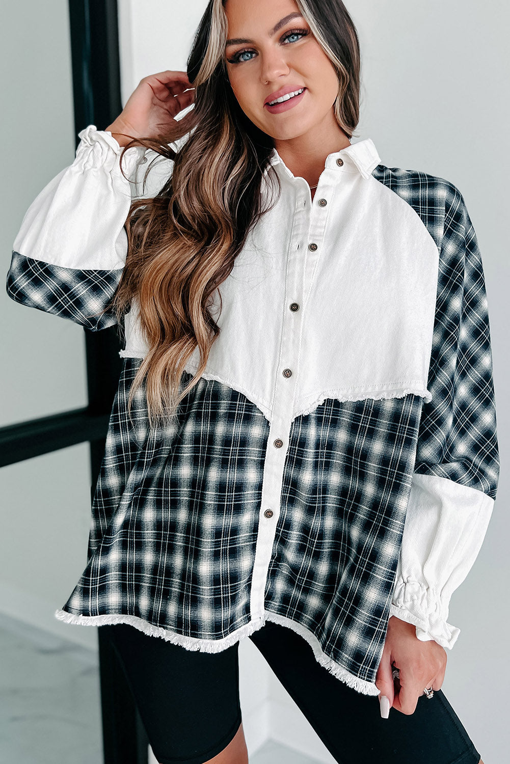 White Plaid Patch Puff Sleeve Buttoned Denim Jacket Denim jackets JT's Designer Fashion