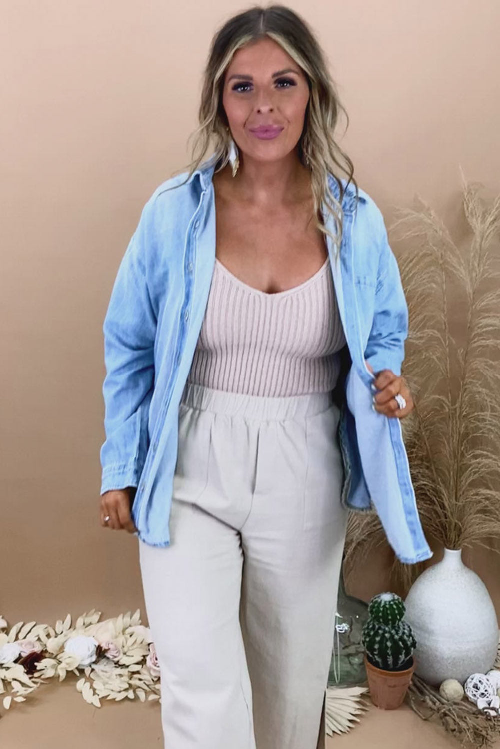 Sky Blue Plus Size Chest Pocket Button-Up Denim Shacket Plus Size JT's Designer Fashion