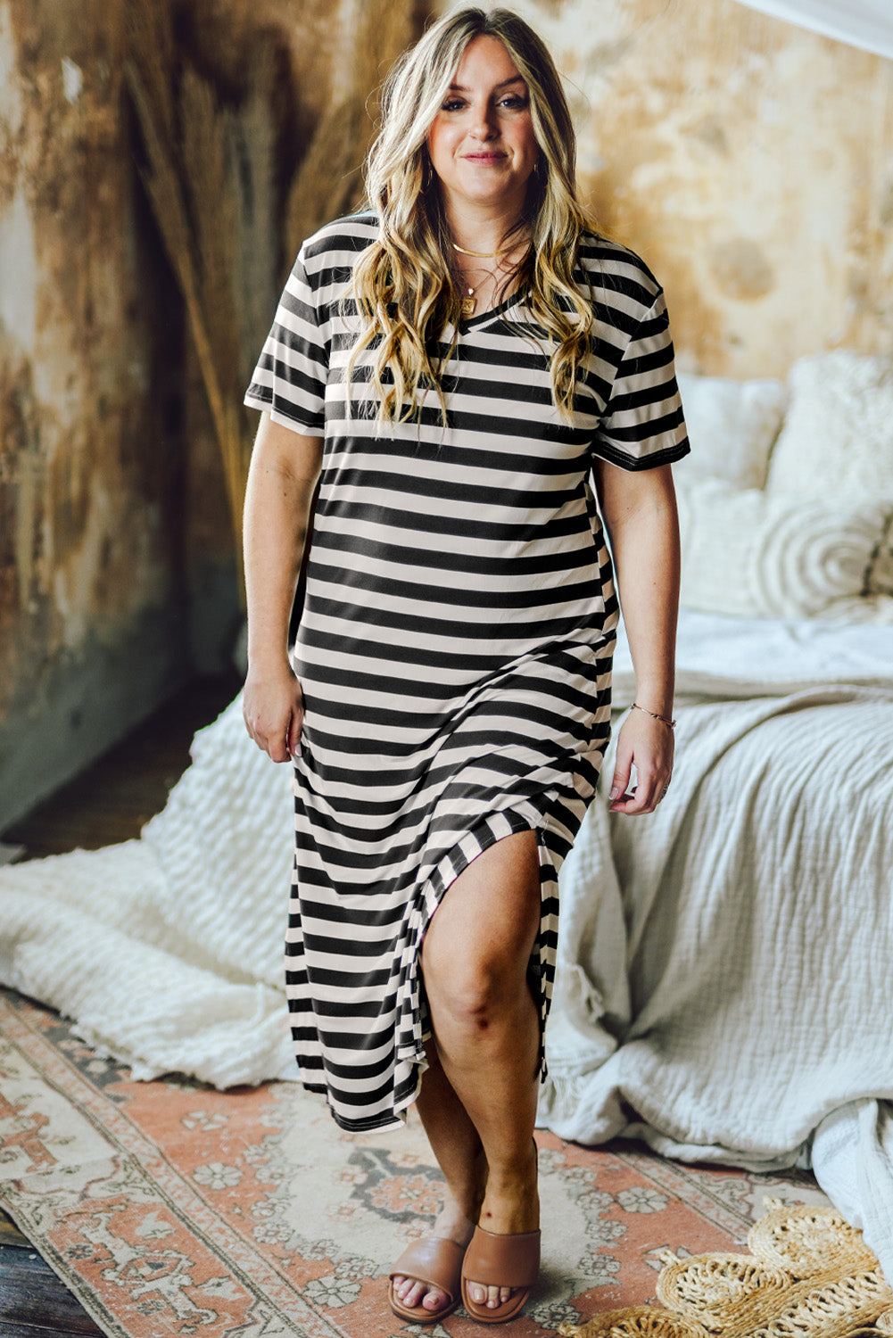 Black Plus Size Striped Print Long T-shirt Dress Black 50%Polyester+45%Viscose+5%Elastane Plus Size Dresses JT's Designer Fashion