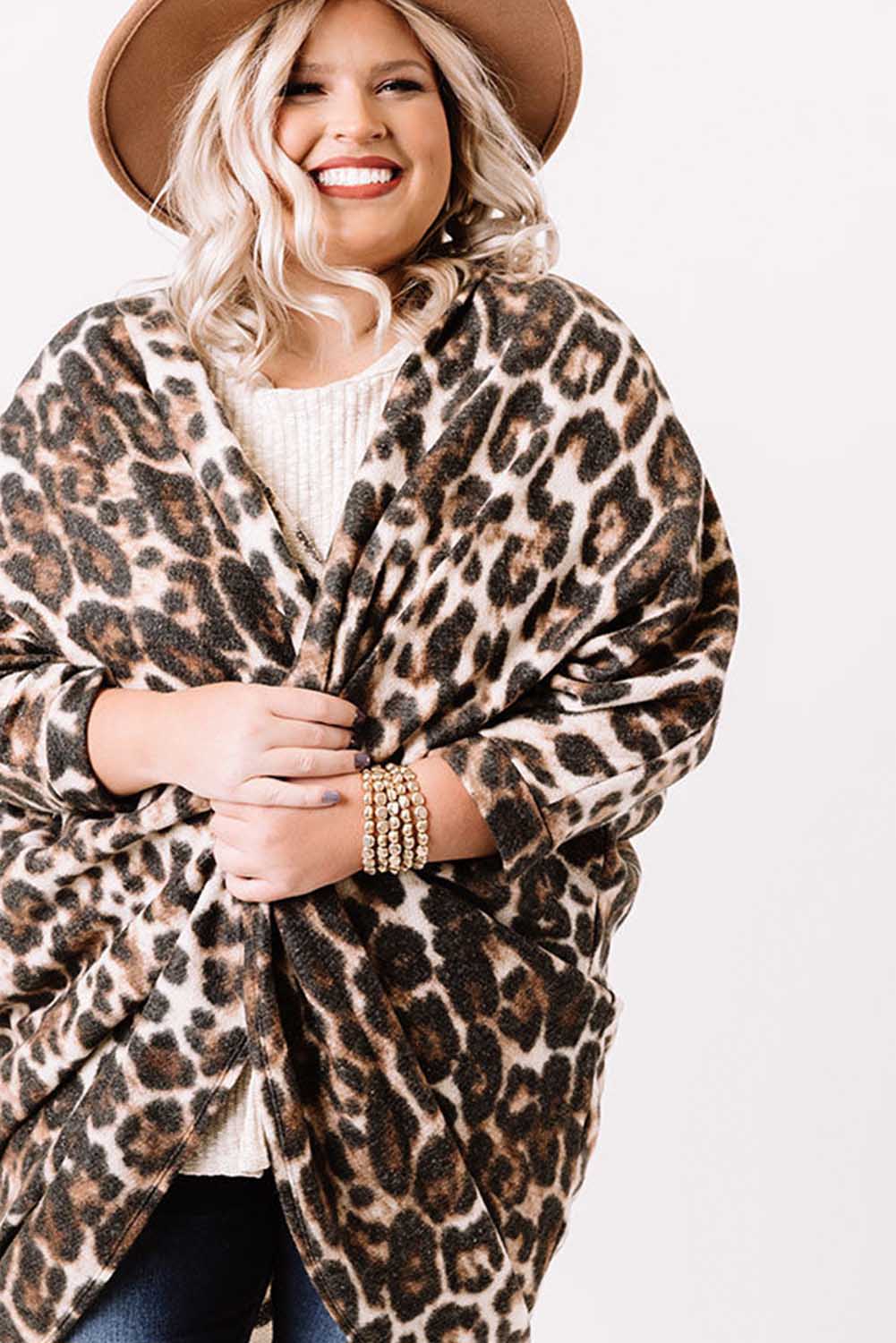 Leopard Plus Size Draped Open Front Cardigan Plus Size JT's Designer Fashion