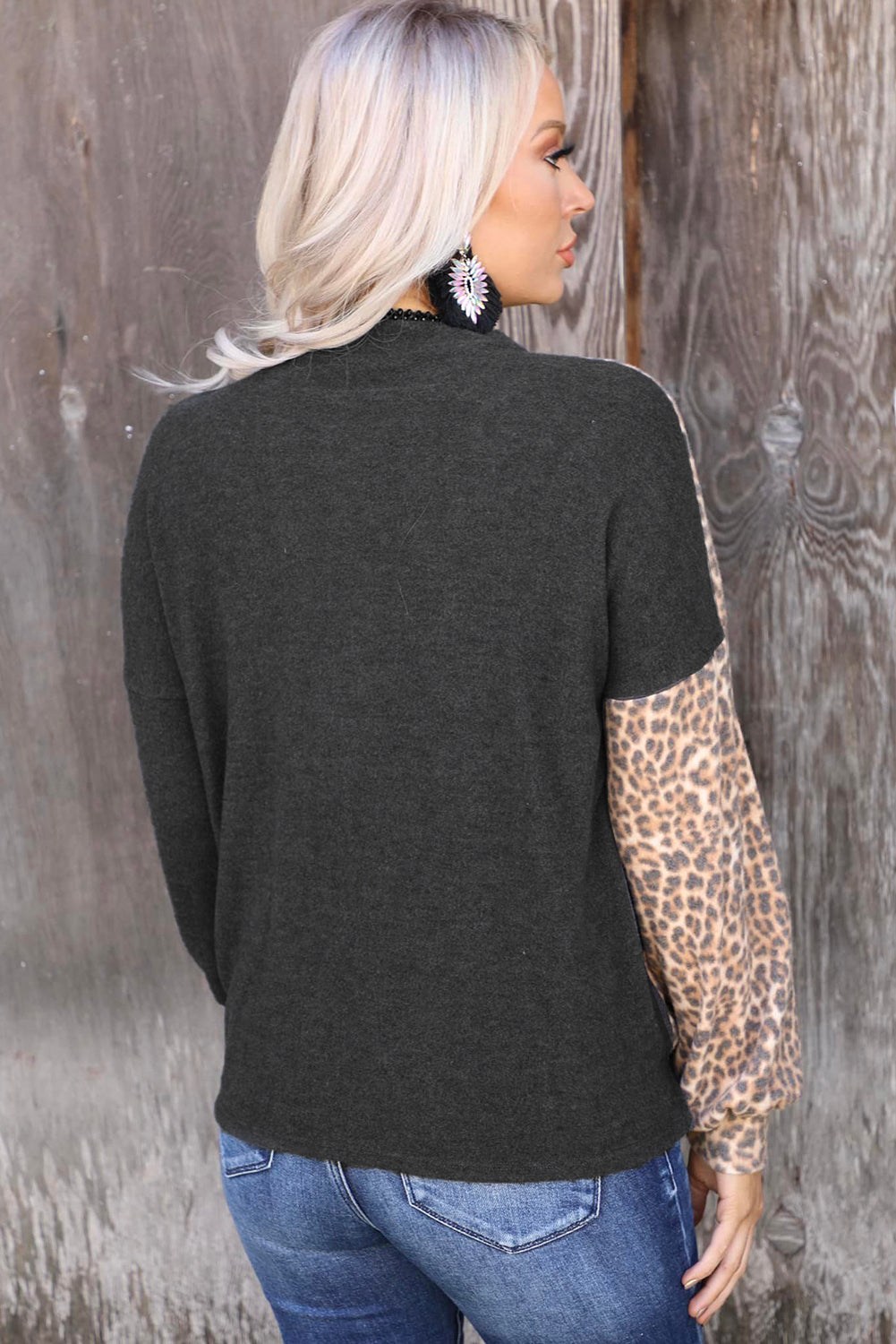 Half Leopard Keyhole Long Sleeve Top Long Sleeve Tops JT's Designer Fashion