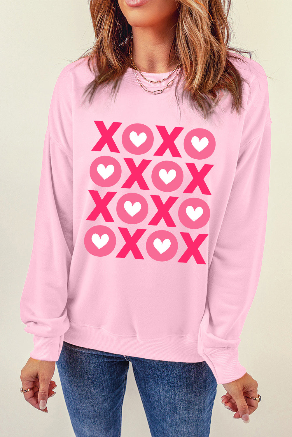 Pink XOXO Heart Print O Neck Drop Shoulder Sweatshirt Graphic Sweatshirts JT's Designer Fashion