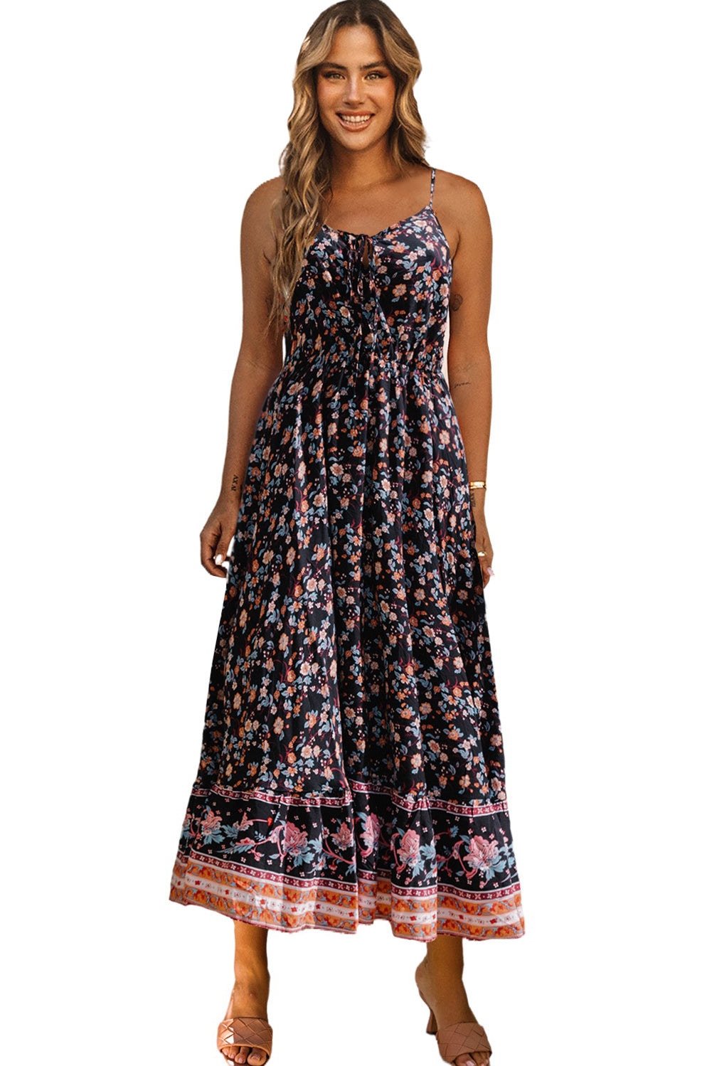 Multicolor Lace-up Front High Waist Floral Maxi Dress Floral Dresses JT's Designer Fashion