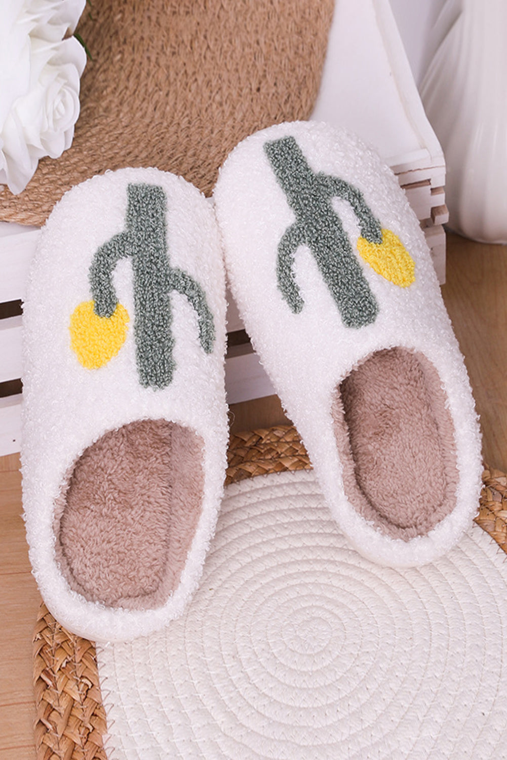 White Fuzzy Cactus Pattern Winter Home Slippers Slippers JT's Designer Fashion