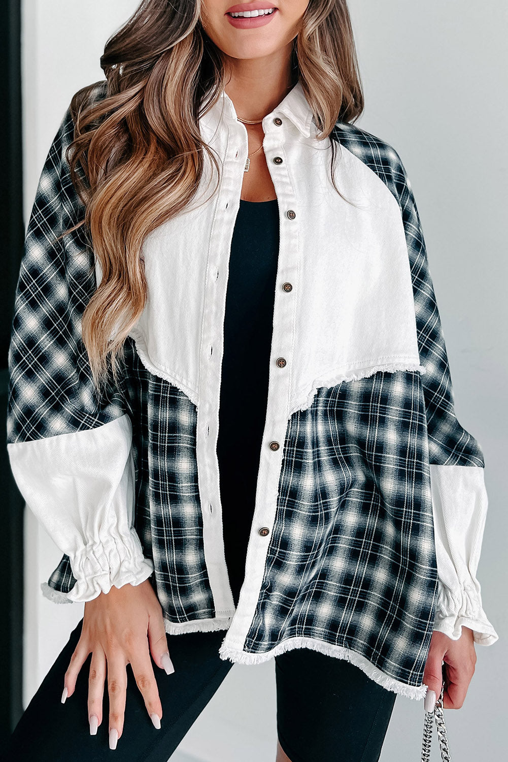 White Plaid Patch Puff Sleeve Buttoned Denim Jacket Denim jackets JT's Designer Fashion