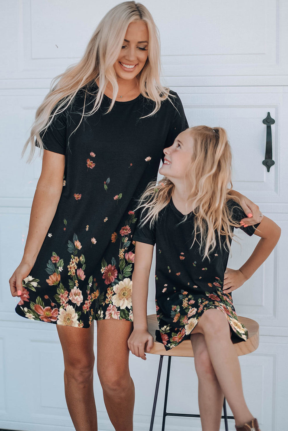 Black Family Matching Floral Print Short Sleeve Girl's Mini Dress Family Dress JT's Designer Fashion