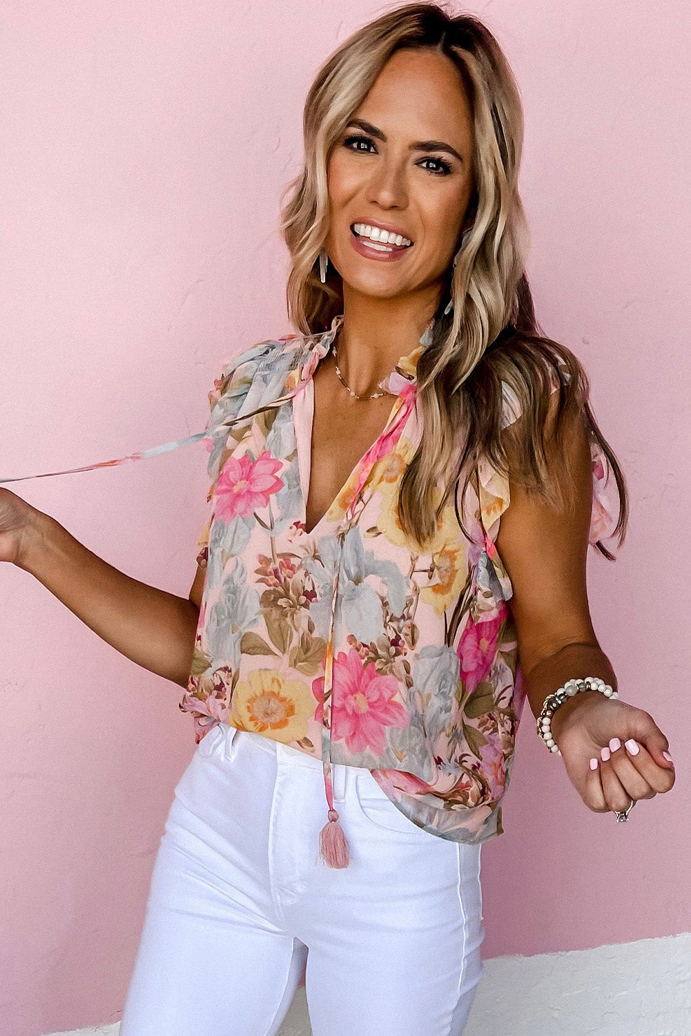 Pink Floral Print Tassel Tie Short Sleeve Blouse Blouses & Shirts JT's Designer Fashion