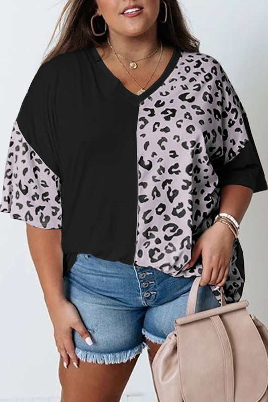 Black Plus Size Leopard Patchwork Short Sleeve Top Plus Size Tops JT's Designer Fashion