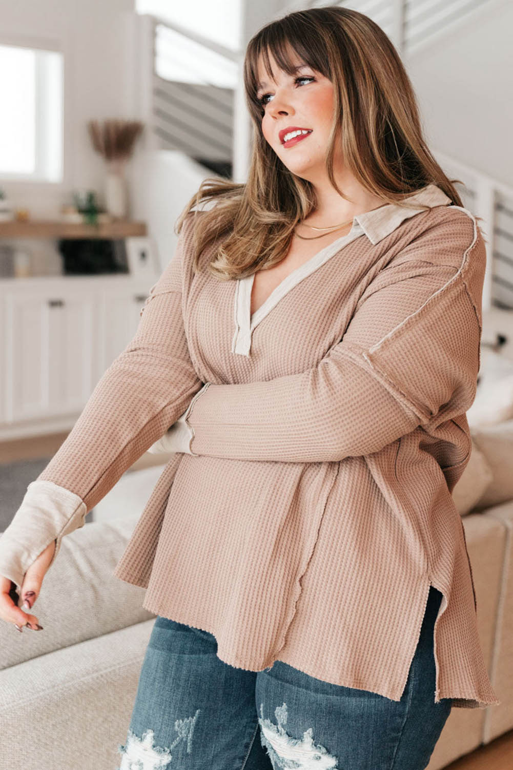 Apricot Plus Size Waffle Knit Splicing Long Sleeve Top Plus Size JT's Designer Fashion