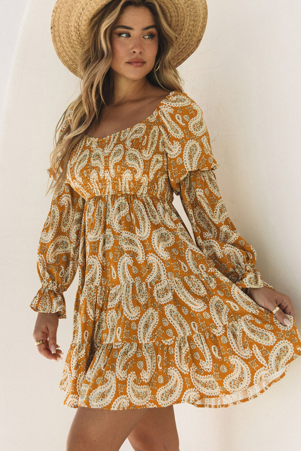 Ginger Plus Size Paisley Print Joint Long Sleeve Dress Dresses JT's Designer Fashion