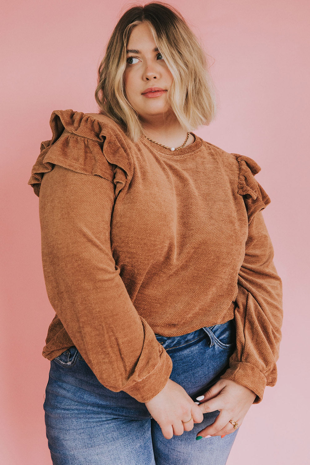 Brown Plus Size Ruffled Long Sleeve Top Plus Size JT's Designer Fashion