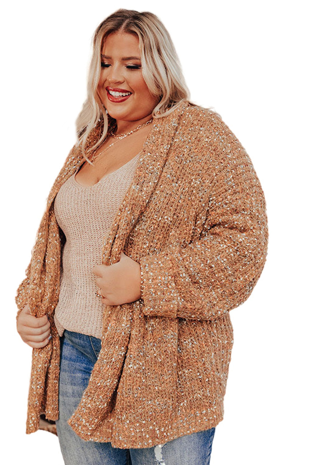 Khaki Open Front Knit Plus Size Cozy Cardigan Plus Size JT's Designer Fashion