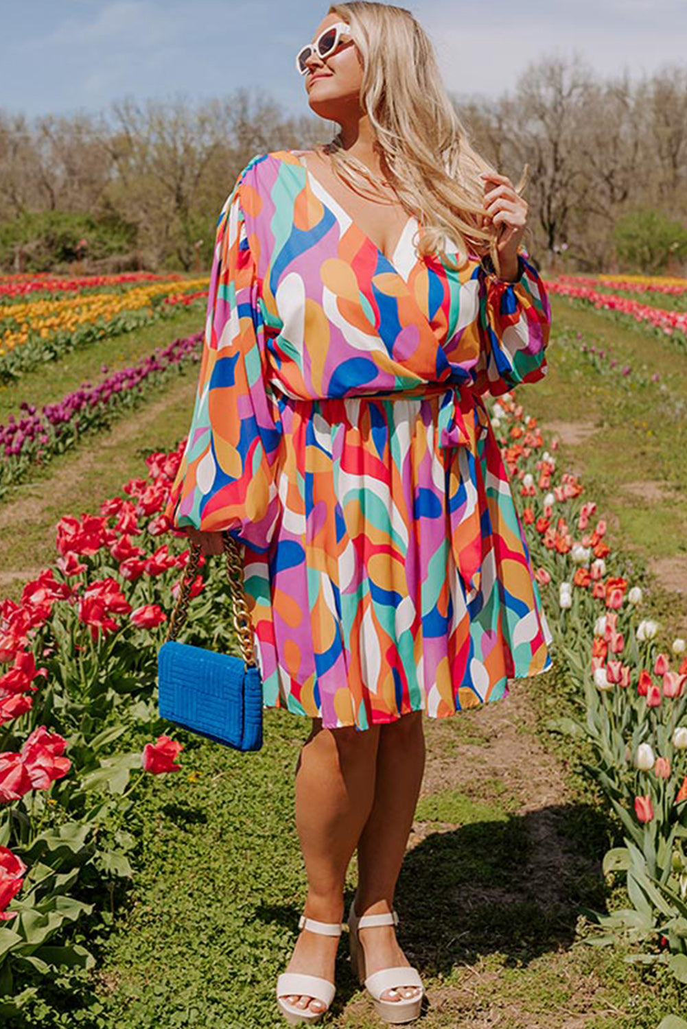 Pink Plus Size Geometric Print V Neck Balloon Sleeve Dress Plus Size JT's Designer Fashion