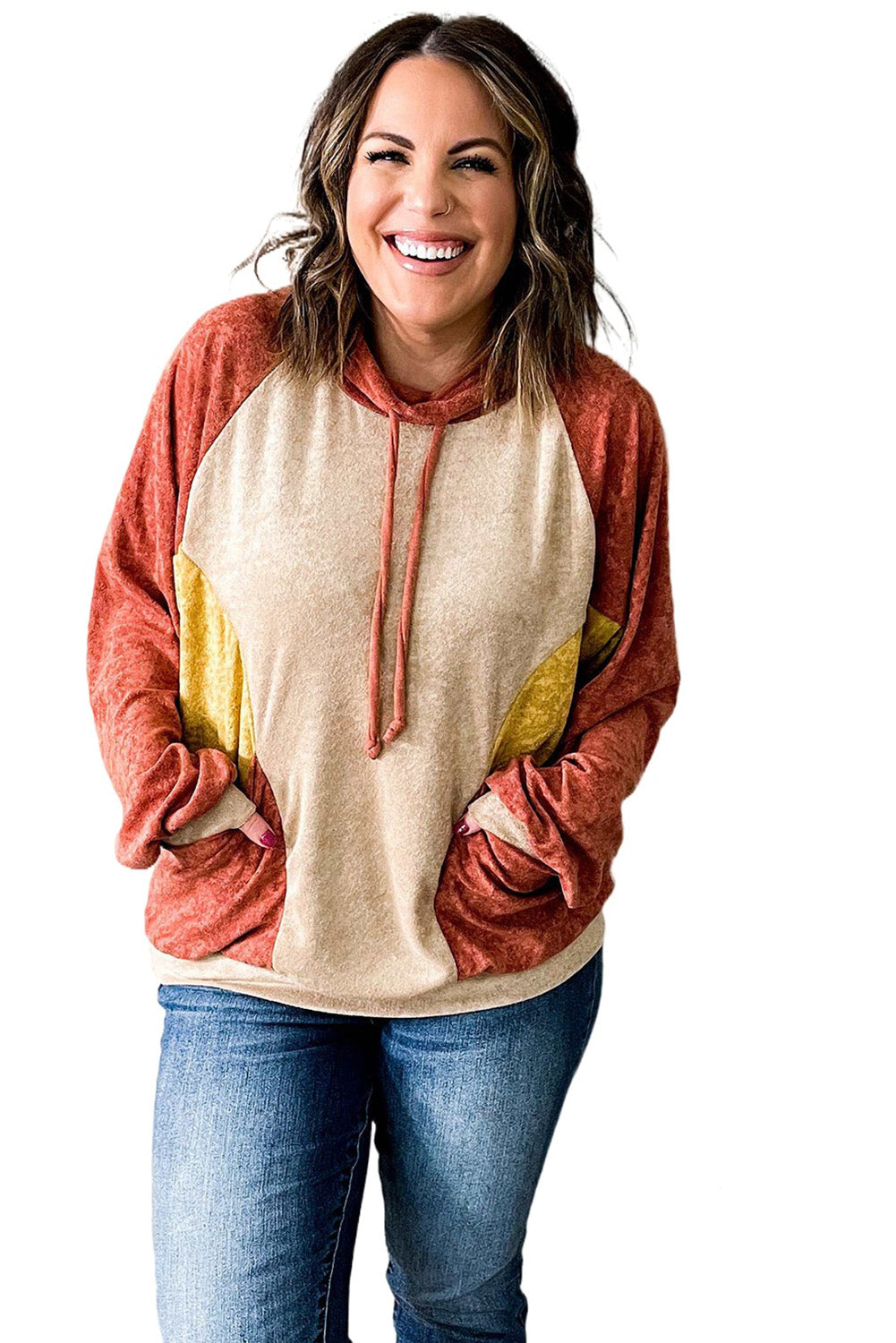 Orange Plus Size Colorblock Raglan Hoodie with Pockets Plus Size JT's Designer Fashion