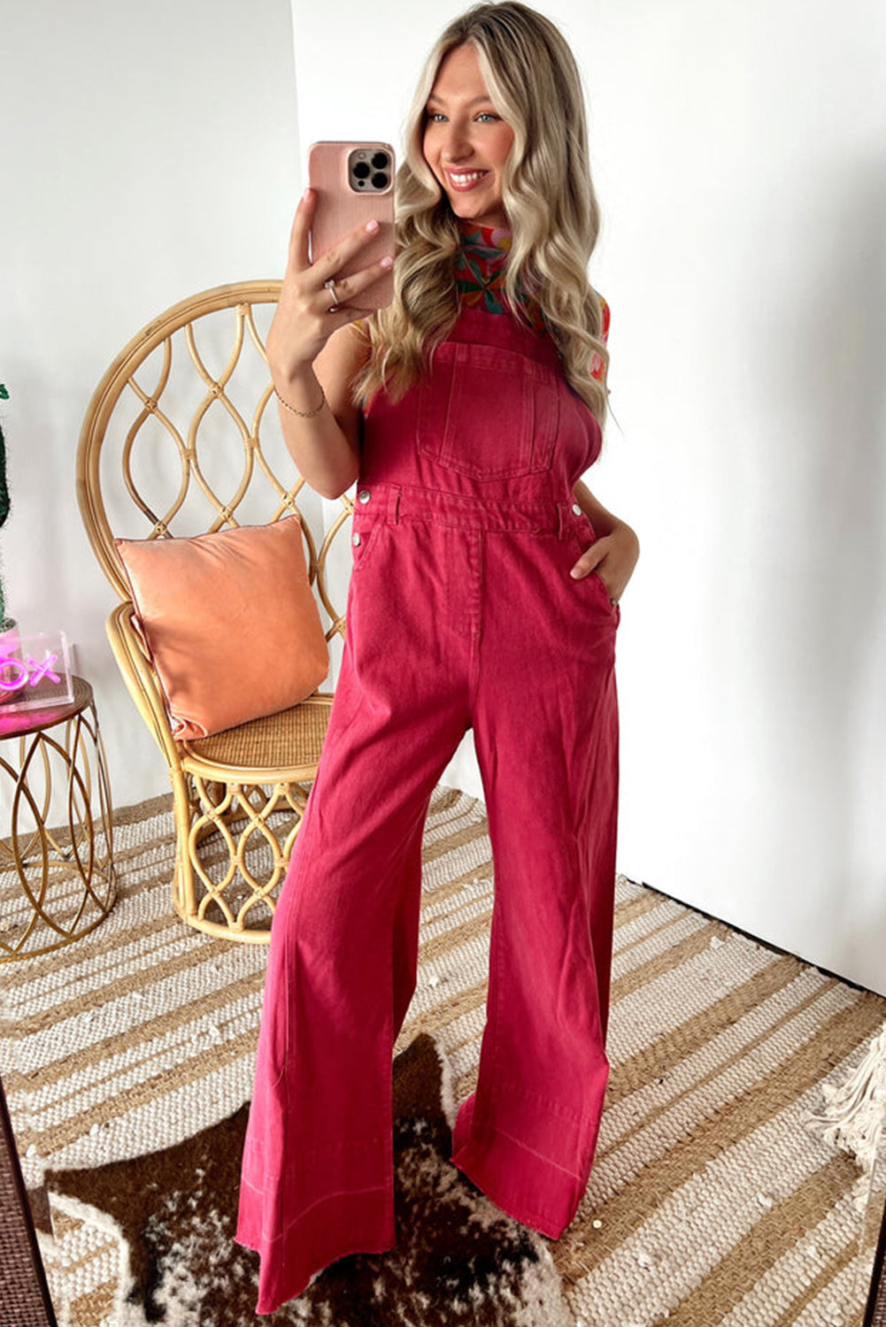 Strawberry Pink Adjustable Straps Buttoned Overall with Pocket Bottoms JT's Designer Fashion