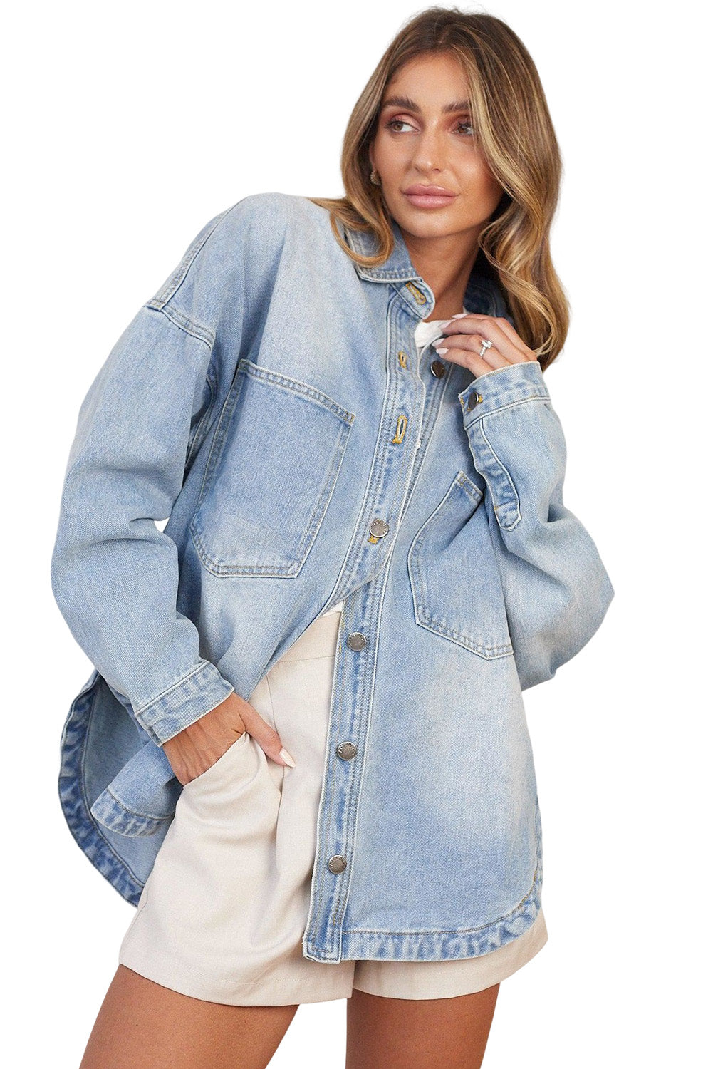 Sky Blue Double Chest Pocket Buttoned Denim Jacket Denim jackets JT's Designer Fashion