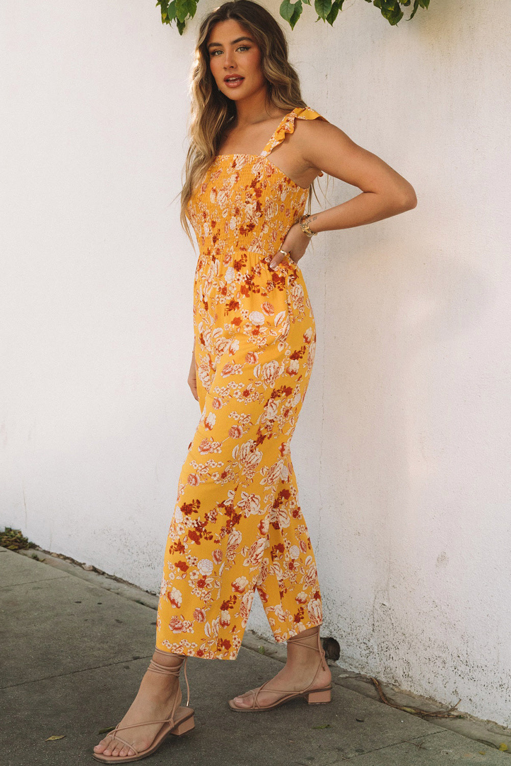 Yellow Floral Print Ruffle Shoulder Smocked Wide Leg Jumpsuit Jumpsuits & Rompers JT's Designer Fashion