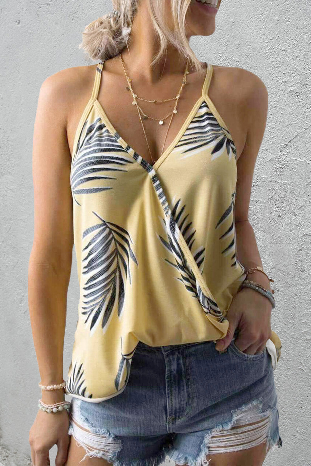 Yellow Tropical Plant Print Tank Top Tank Tops JT's Designer Fashion