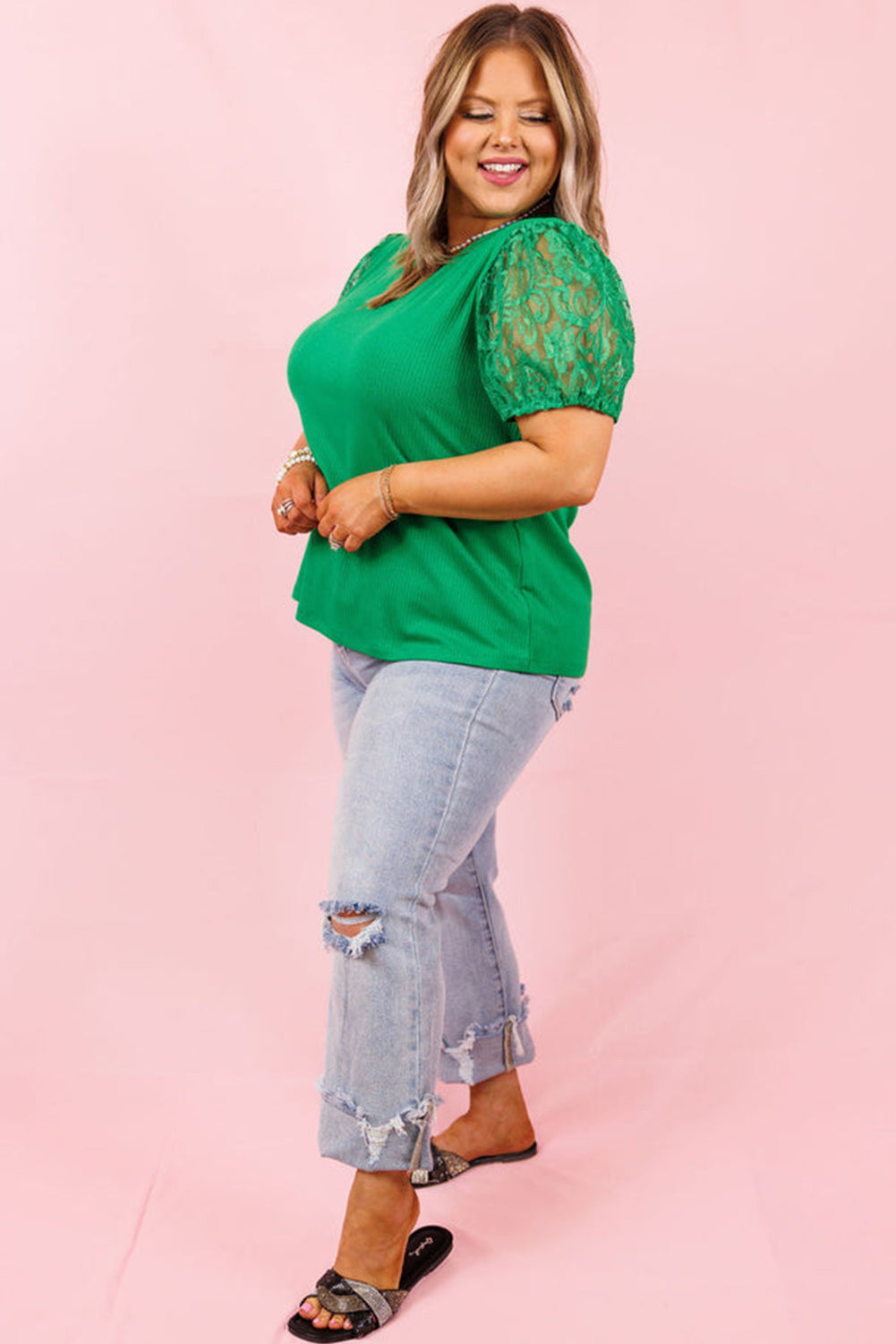 Green Ribbed Lace Patchwork Puff Sleeve Plus Size Blouse Plus Size Tops JT's Designer Fashion