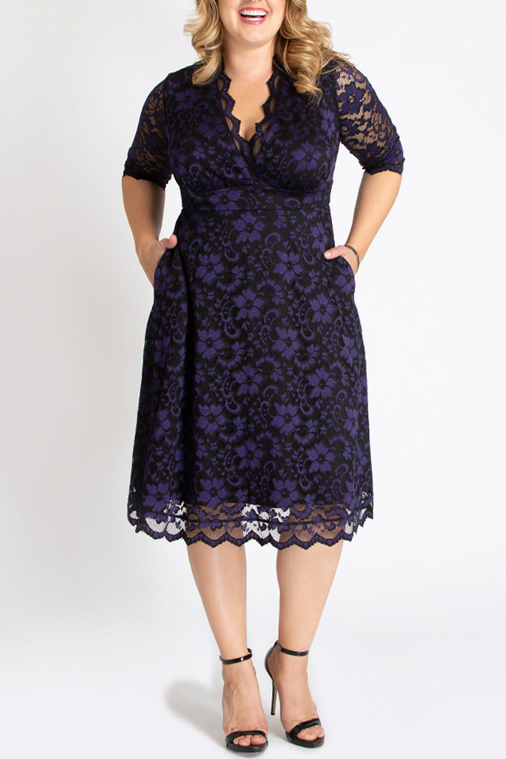 Blue Plus Size Half Sleeve Lined Lace Midi Dress Plus Size Dresses JT's Designer Fashion