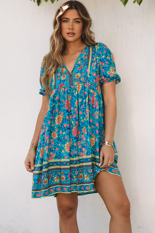 Blue Floral Print Empire Waist Flowy Dress Floral Dresses JT's Designer Fashion