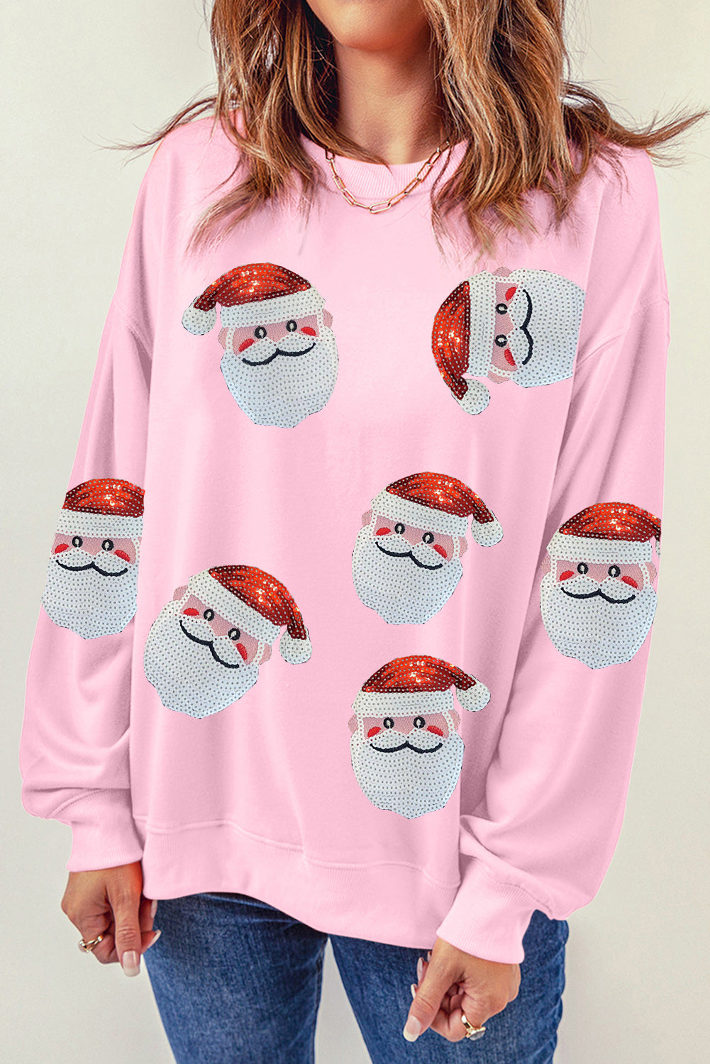 Pink Fiery Santa Claus Sequin Graphic Sweatshirt Pink 70%Polyester+30%Cotton Graphic Sweatshirts JT's Designer Fashion