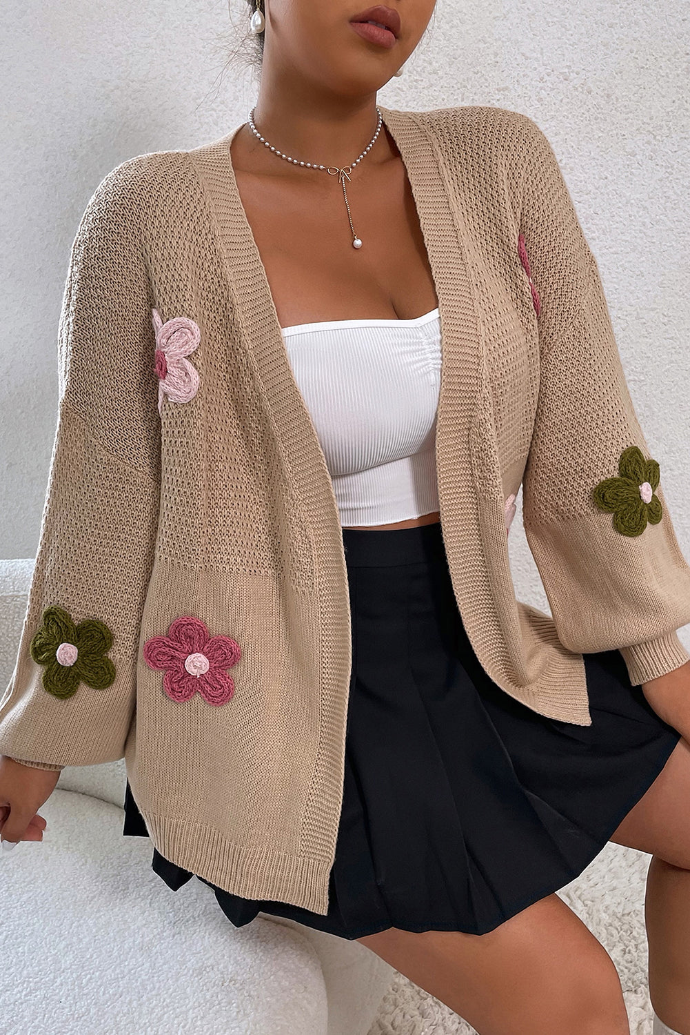 Smoke Gray Floral Applique Drop Shoulder Bubble Sleeve Cardigan Pre Order Sweaters & Cardigans JT's Designer Fashion