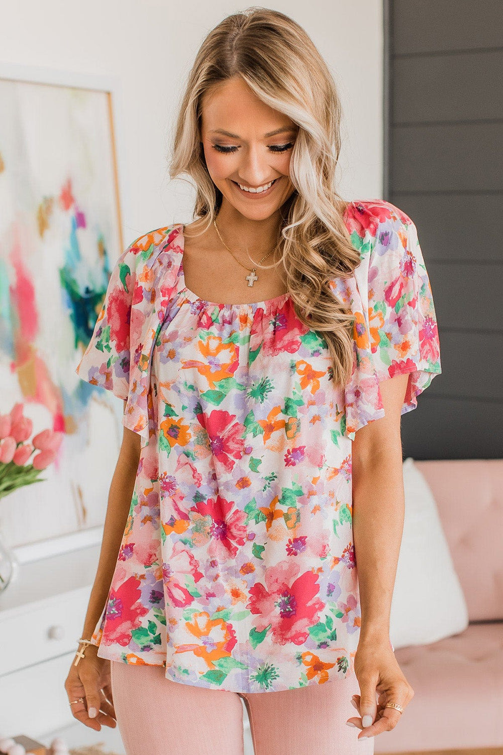 Multicolor Watercolor Floral Square Neck Ruffle Sleeve Blouse Blouses & Shirts JT's Designer Fashion