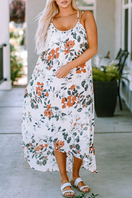 White Floral Print Spaghetti Straps Maxi Dress White 100%Polyester Maxi Dresses JT's Designer Fashion