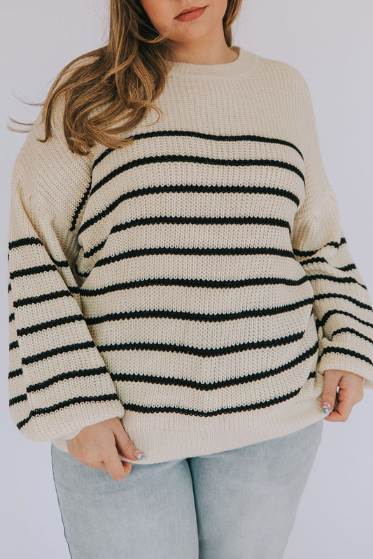 Khaki Plus Size Striped Drop Shoulder Puff Sleeve Sweater Plus Size JT's Designer Fashion