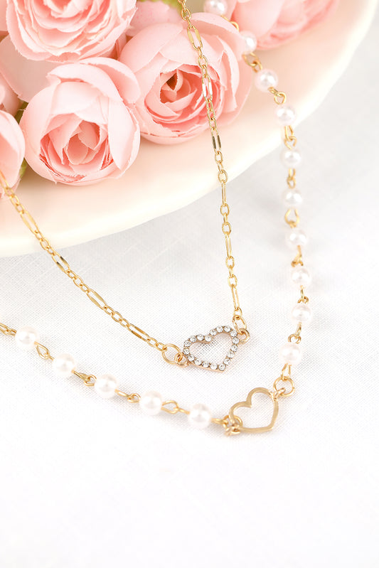 Gold 2pcs Rhinestone Heart Decor Faux Pearl Necklace Jewelry JT's Designer Fashion