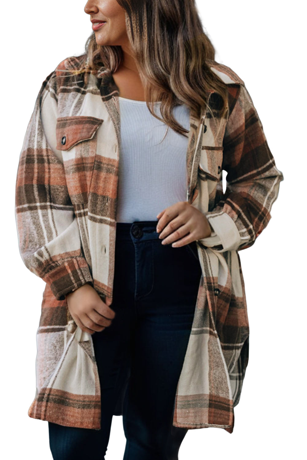 Brown Plus Size Plaid Flap Pockets Shacket Plus Size JT's Designer Fashion