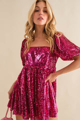 Rose Red Short Puff Sleeve Sequin Babydoll Romper Jumpsuits & Rompers JT's Designer Fashion