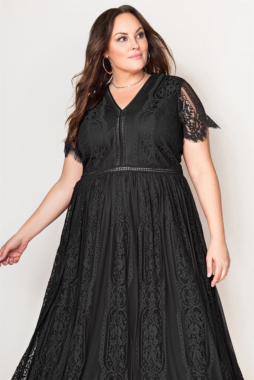 Black Eyelash Lace Short Sleeve Curvy Maxi Dress Plus Size Dresses JT's Designer Fashion