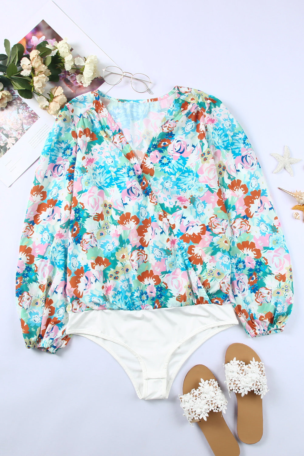 Sky Blue Floral Print Wrap Long Sleeve Bodysuit Bodysuits JT's Designer Fashion