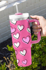 Rose Red Valentines Heart Printed Thermos Cup with Handle Tumblers JT's Designer Fashion