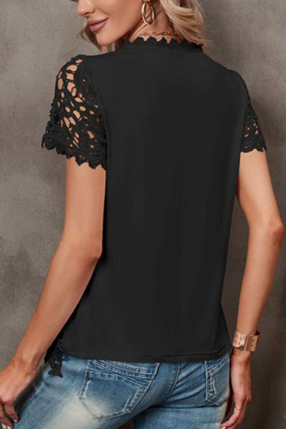 Black Lace Overlay Short Sleeve Top Tops & Tees JT's Designer Fashion