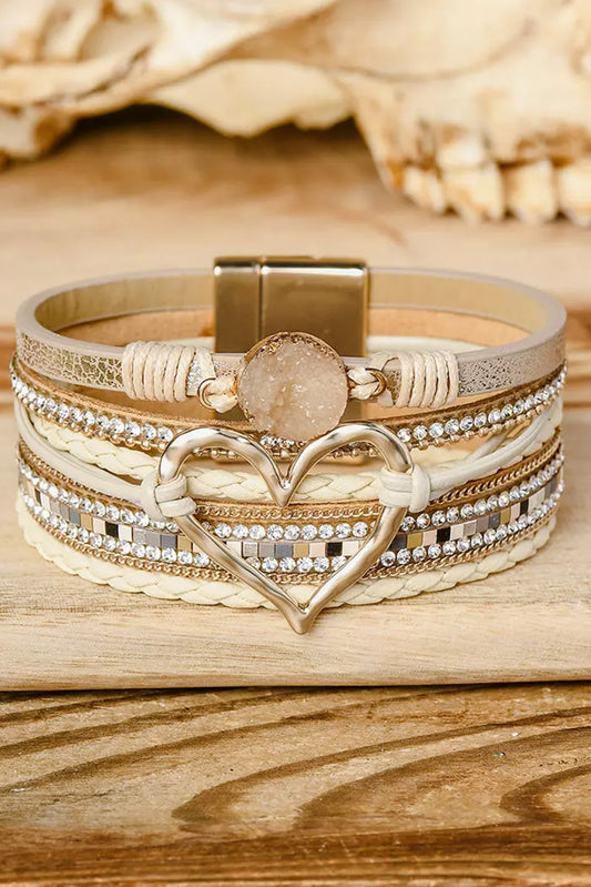 Beige Bohemian Heart Rhinestone Magnetic Buckle Bracelet Jewelry JT's Designer Fashion