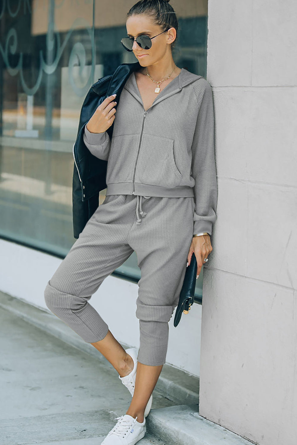 Gray Waffle Knit Zip-Up Hoodie and Pants Set Bottoms JT's Designer Fashion